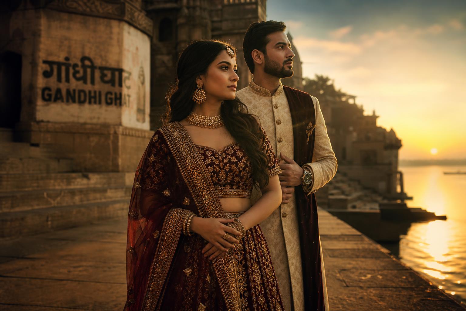 Cinematic pre-wedding portrait of an Indian couple at a Bihar riverside location during golden hour
